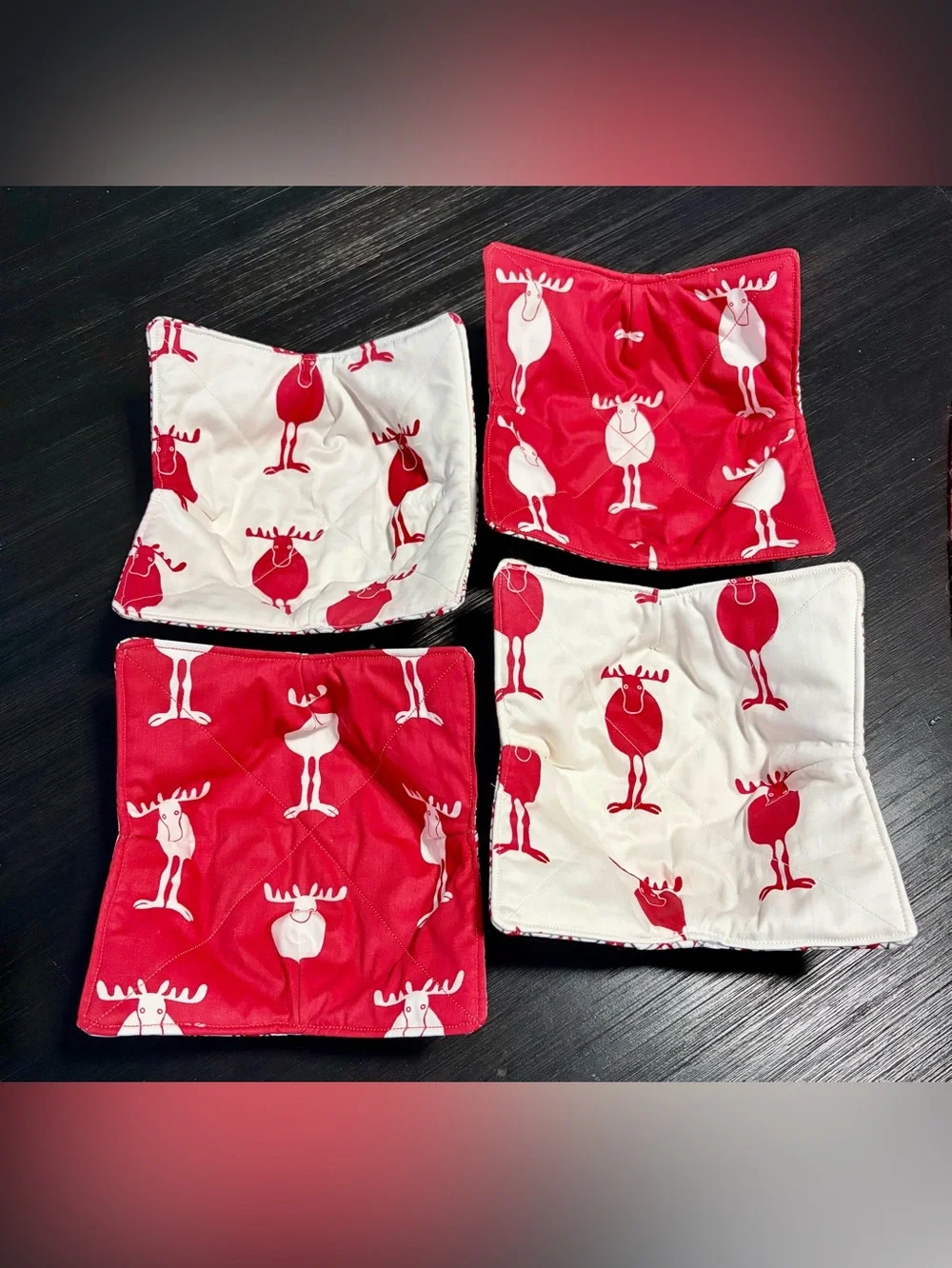 Winter Red and White Moose/Plaid Bowl Cozies
